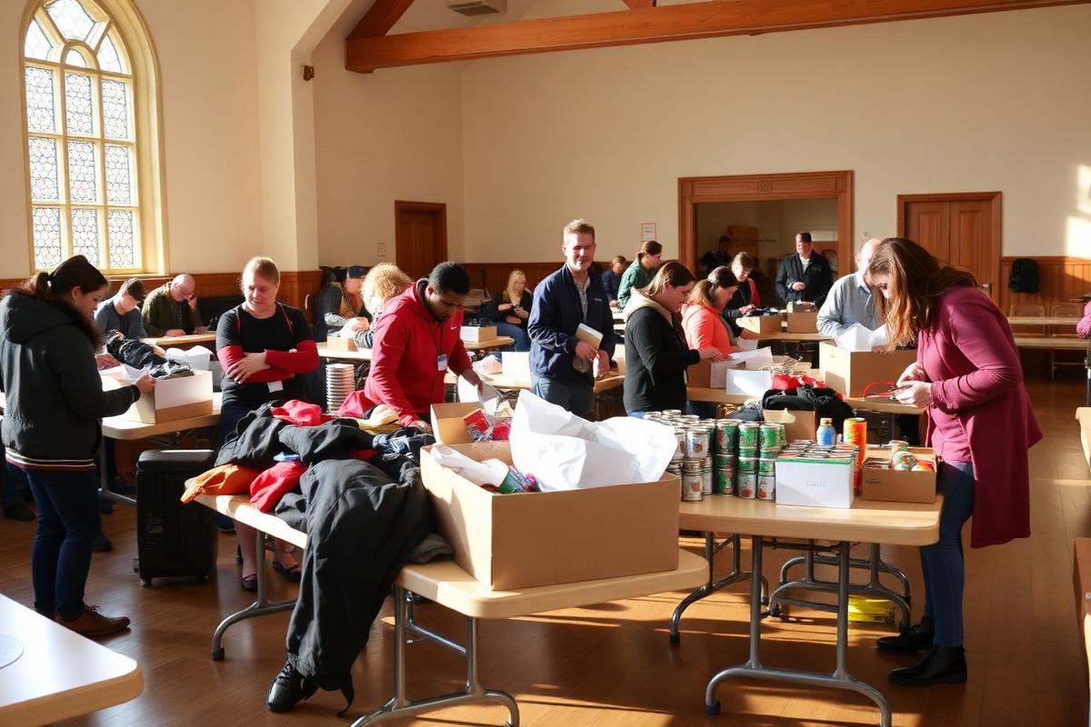 Volunteers sorting donated coats and canned goods in a parish hall