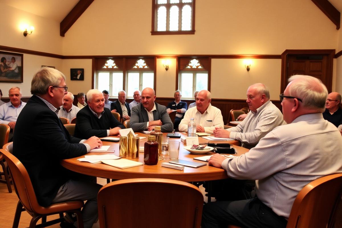 Council members meeting around tables in a church hall